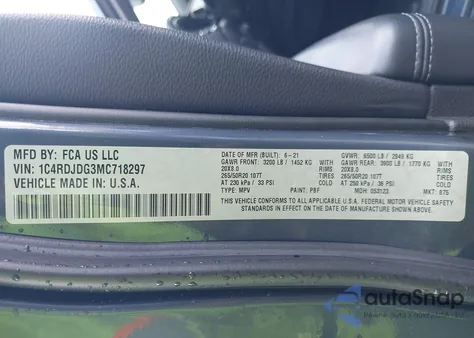 2021 Dodge Durango Gt Awd z USA, uszkodzony, nr VIN 1C4RDJDG3MC718297